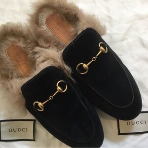🔥Gucci Princetown Mule Slipper Black Velvet REAL FUR Loafers Womens 38, US 8